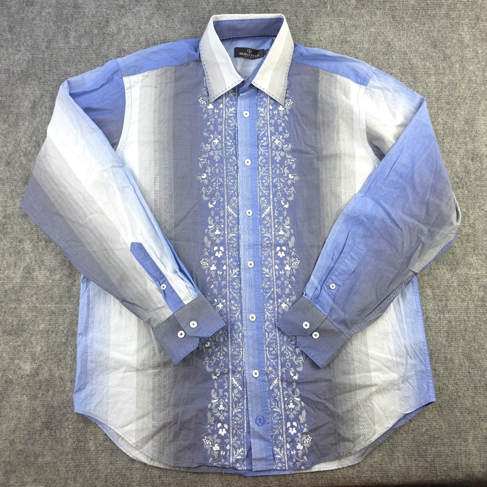 Bugatchi Shirt Large Blue Floral Embroidered Long Sleeve Button Up Cotton